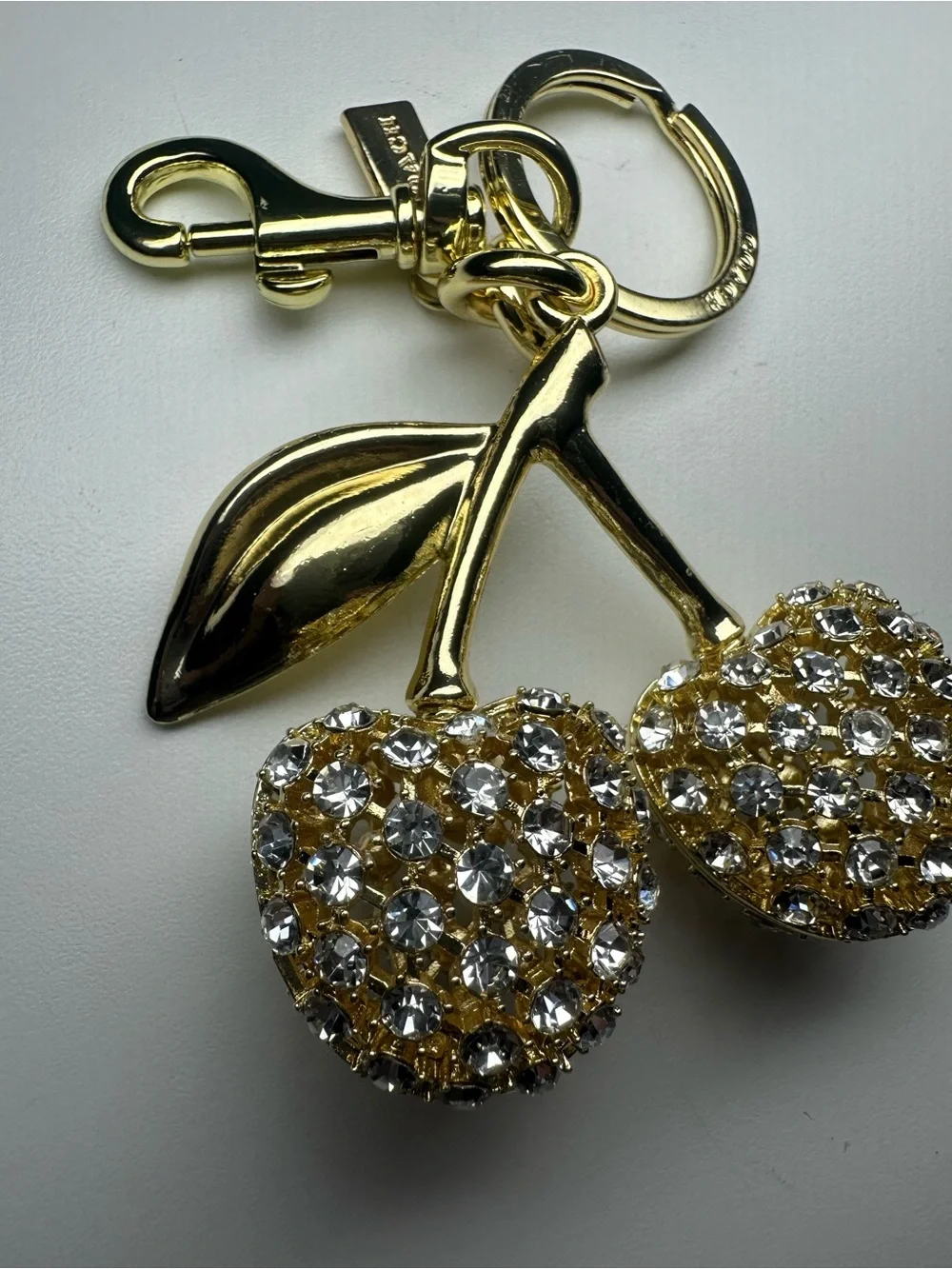 Coach Crystal Cherry Bag Charm Gold Brass Clear Pave CCD32 Keychain Key Ring